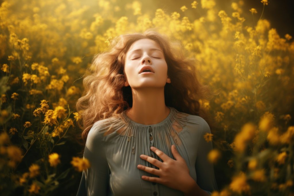 Woman looking liberated amongst yellow flower background Image by freepik