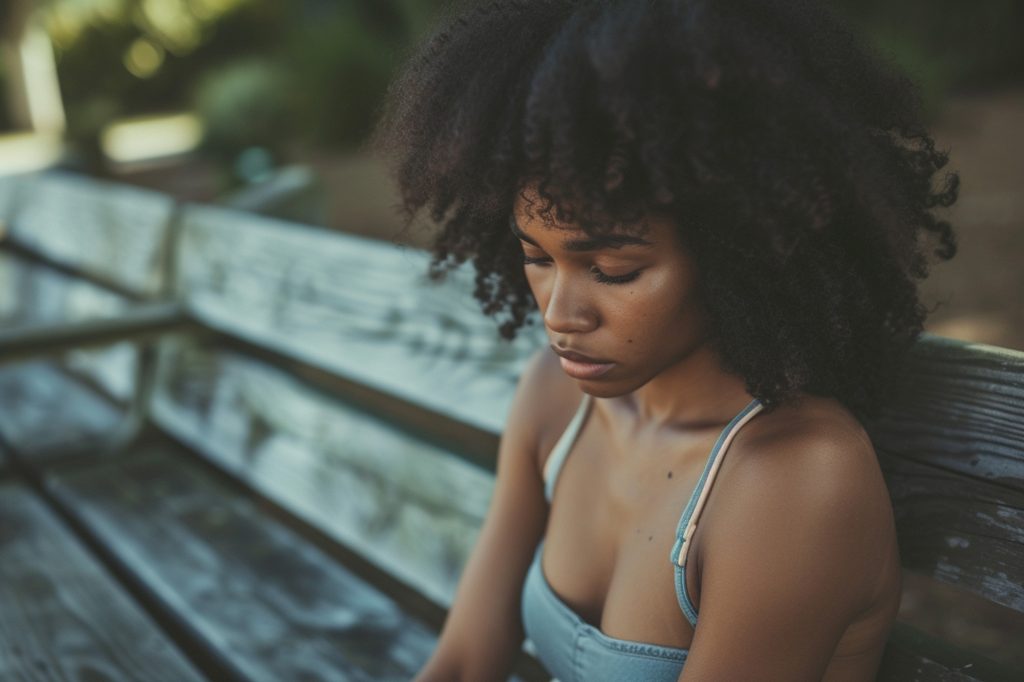 Worried woman sat on bench Image by freepik